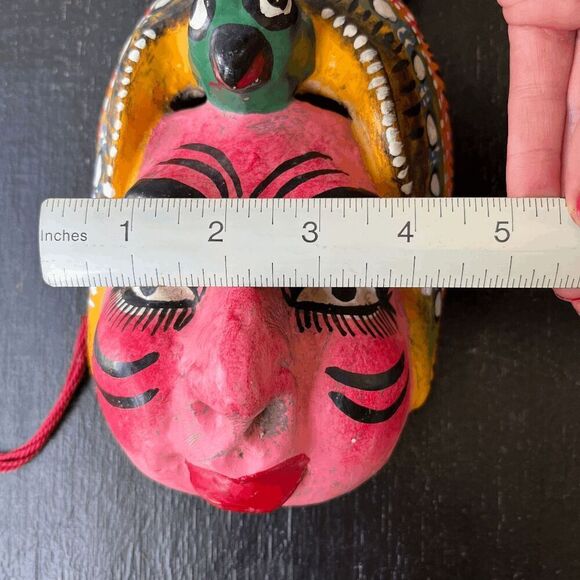 Vintage Indian Hand-Carved Painted Wooden Folk Mask Parrot Headpiece 12" - Picture 10 of 10